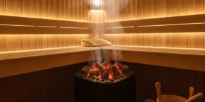 Finn szauna belső meleg fénnyel és gőzölgő kövekkel