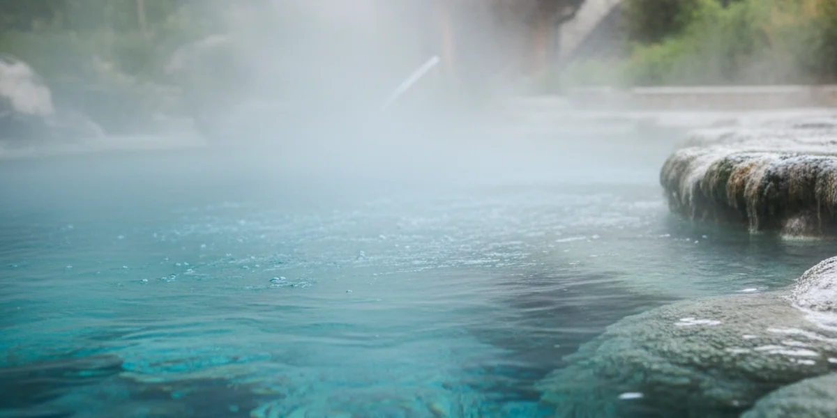 Türkiz termálvíz felszíne gőzpárával