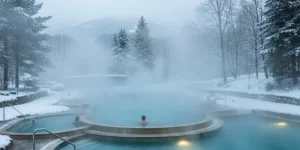 Kültéri termálfürdő télen gőzfelhőkkel és havas fákkal