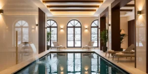 Elegáns wellness szálloda beltéri medencéje meleg fénnyel