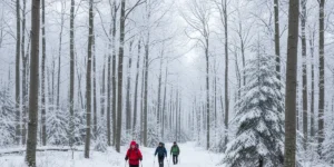Túrázók havas erdei ösvényen télen Magyarországon
