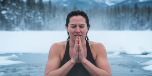 Személy hidegvíz merülést végez téli természetben